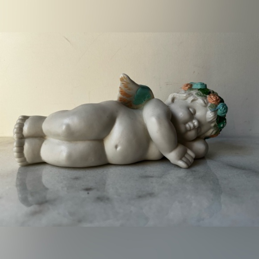 Ceramic Sleeping Angel Figurine with Floral Crown